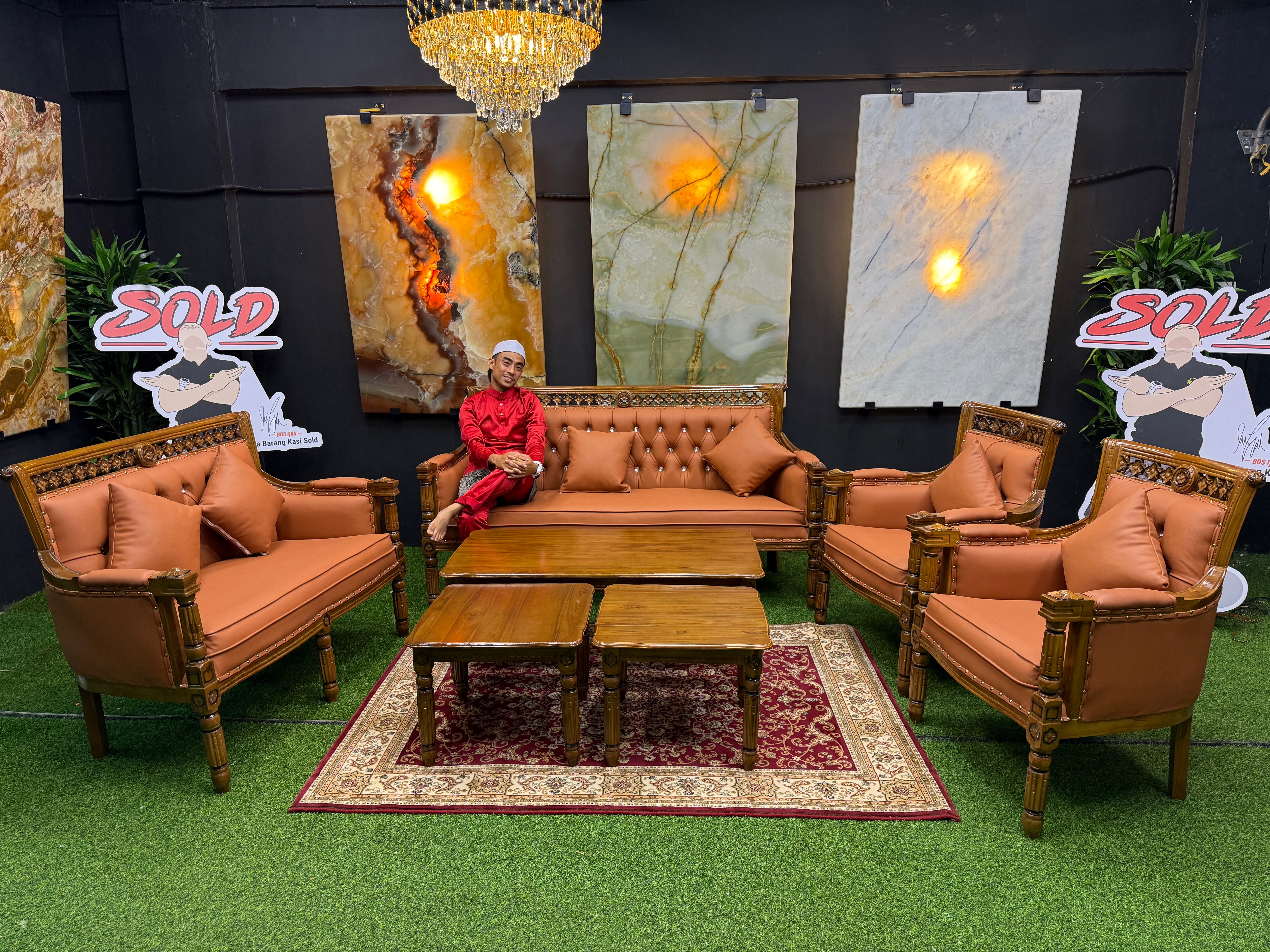 Set Sofa Serbia Jati 3+2+1+ & Meja Kopi Besar 1 + Meja Kopi Kecil 1 - Material Lorenzo Sponge (Finishing Grade A)