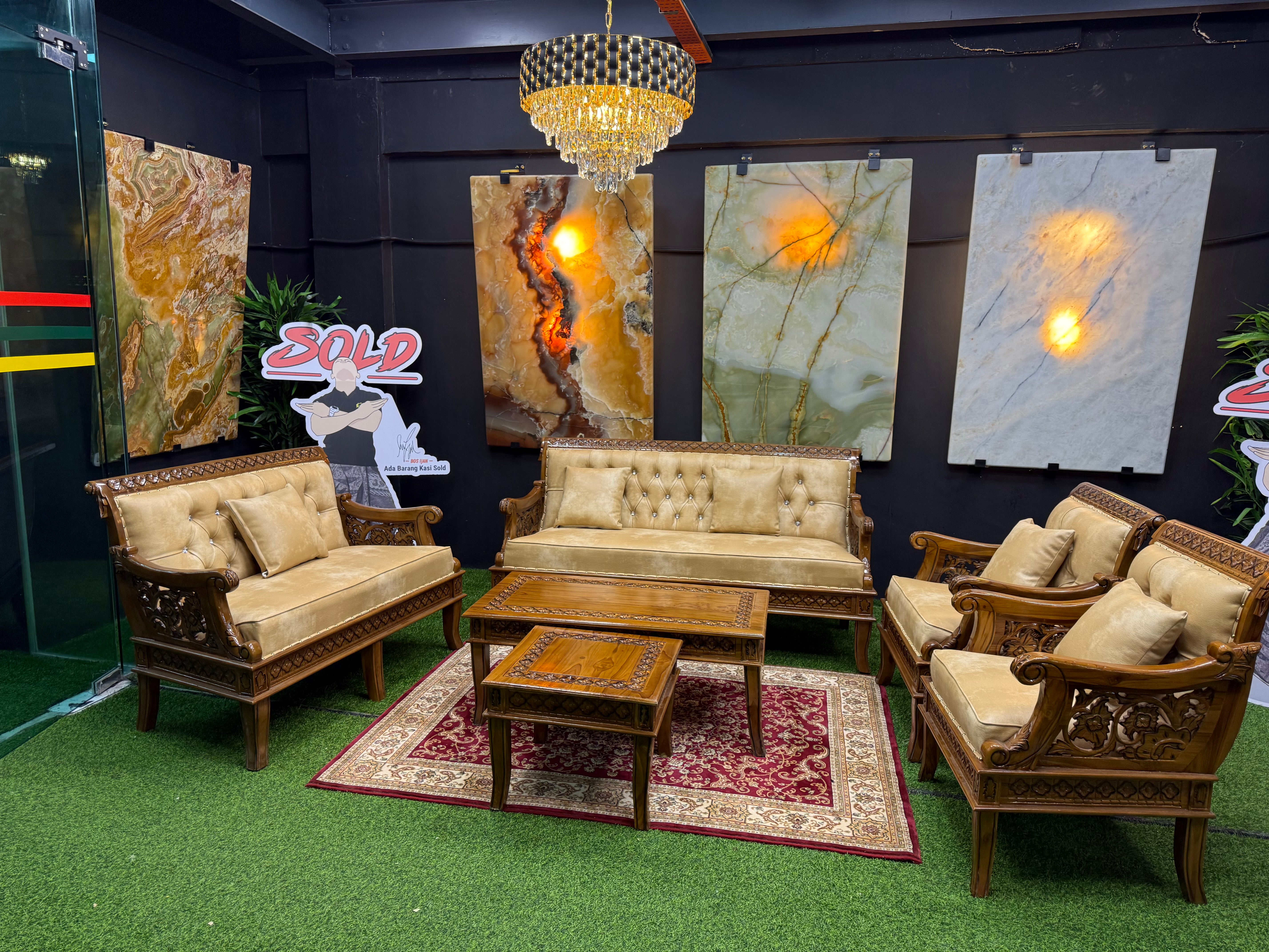 Set Sofa Aladdin Berkerawang Grade A (3+2+1+1) + Meja Kopi 2 Siap Kaca