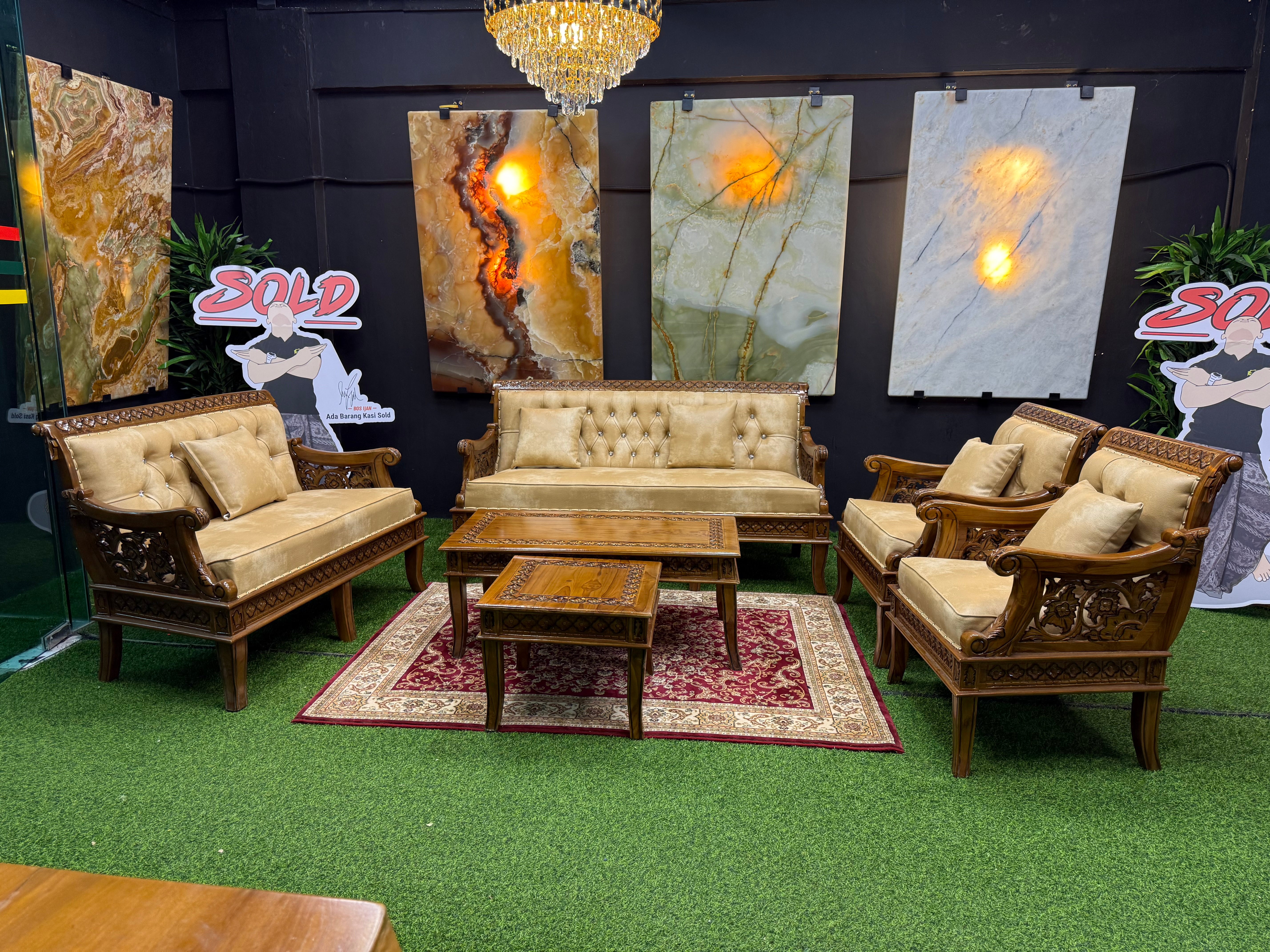 Set Sofa Aladdin Berkerawang Grade A (3+2+1+1) + Meja Kopi 2 Siap Kaca