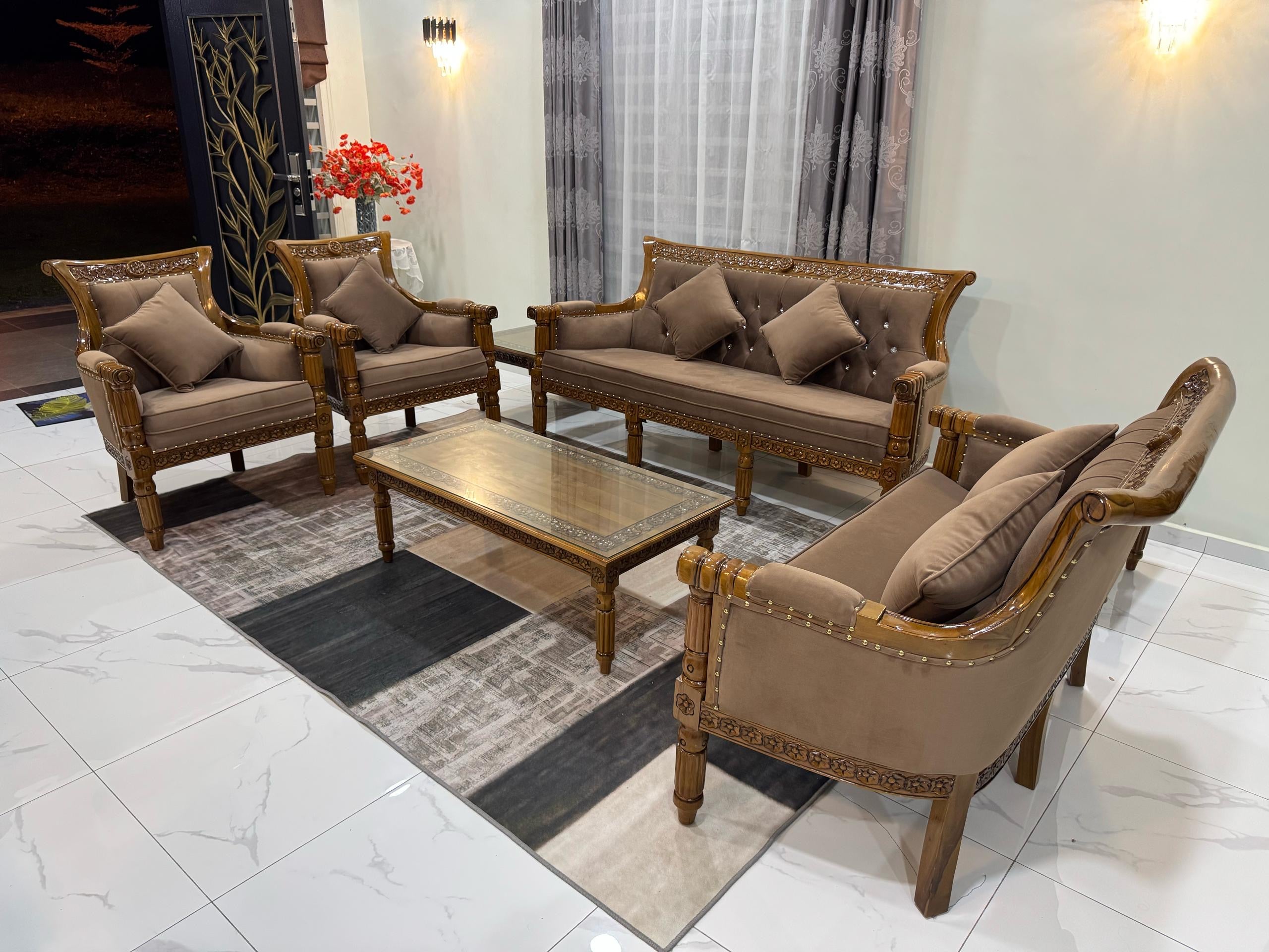 Set Sofa Serena Kayu Jati 3+2+1+1 Gred A Ukiran Jepara | RM16,999